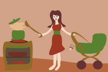 mother in kitchen with perambulator