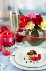 Table setting in honor of Valentine's Day on room background