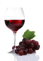 glass of wine and grapes, isolated on white