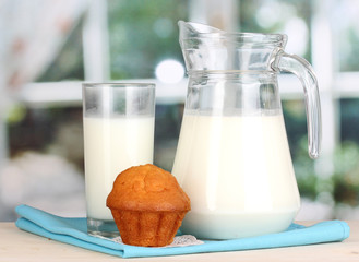 Pitcher and glass of milk with muffins