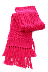 Pink knitted scarf isolated on white.