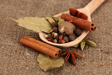 Nutmeg and other spices on sackcloth background