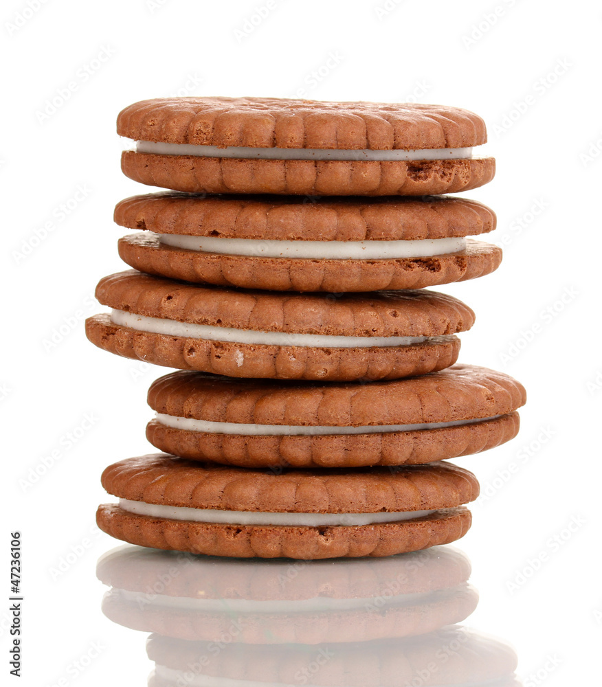 Sticker chocolate cookies with creamy layer isolated on white