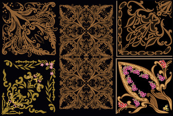 set of brown decorated elements on black