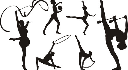 rhythmic gymnastics with apparatus - silhouette - obrazy, fototapety, plakaty