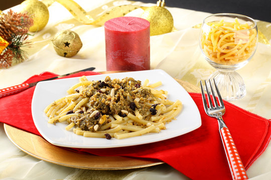 Pasta With Sardines And Fennel On Christmas Table