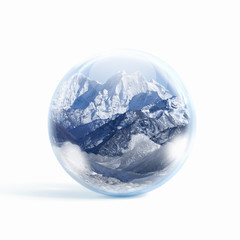 Snow mountains inside a glass ball