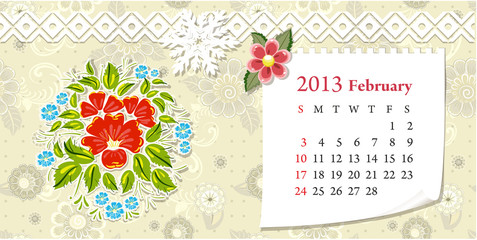 Calendar for 2013, february