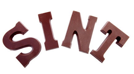 The word "SINT" in chocolate letters isolated on white backgroun