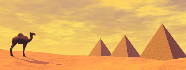 Camel and mysterious pyramids - 3D render