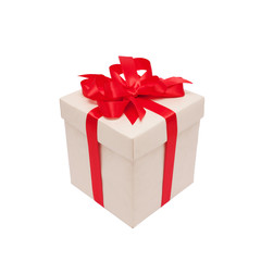Festive gift. Beige box and red satin bow.