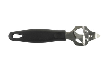 Direct view of can opener black handle on white background.