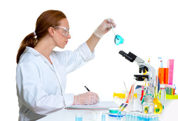 chemical laboratory scientist woman with glass flask