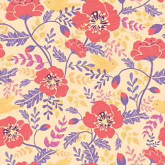 Vector red poppy flowers and birds seamless pattern background