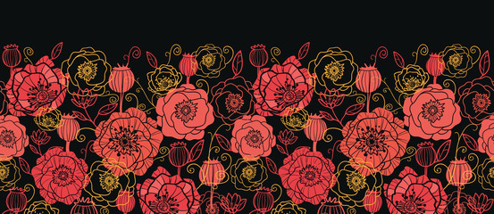 Vector red and black poppy flowers horizontal seamless ornament