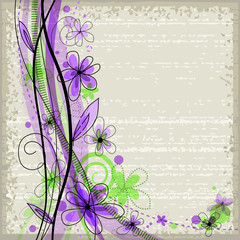 Grunge spring background with green and violet flowers. Eps10