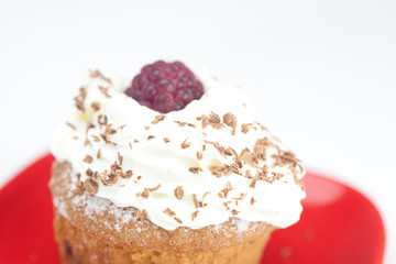 muffin with whipped cream,mint, raspberries, blackberries and nu