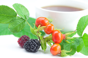cup of tea, blackberry,raspberry and rosehip berries with leaves