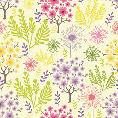 Vector blossoming trees seamless pattern background with