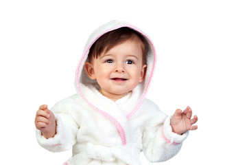 Happy baby with a bathrobe
