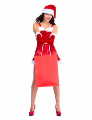 Santa helper Christmas girl with shopping bags.