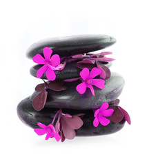 spa stones with hot pink flowers isolated on white