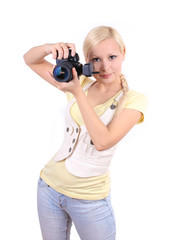 young beautiful girl with professional camera isolated