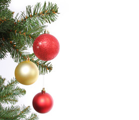 Fototapeta na wymiar Christmas balls on Christmas tree branch, isolated