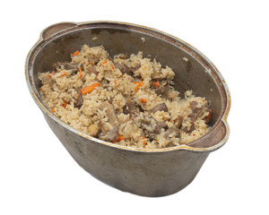pilaf in cauldron on white background