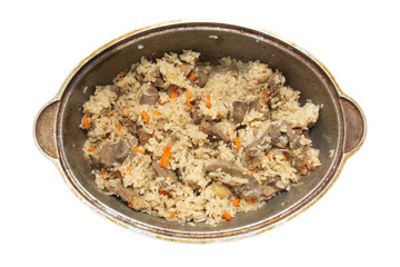 pilaf in cauldron on white background