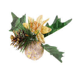 Christmas decoration: pine cone, gold apple, holly berry leaves
