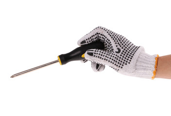screwdriver in hand with work glove isolated on white