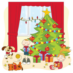 Obraz na płótnie Canvas Ilustracja Christmas. Dzieci otwierając prezenty. Rysunek Hand.