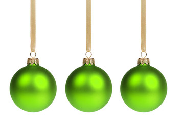 three christmas balls hanging on ribbon