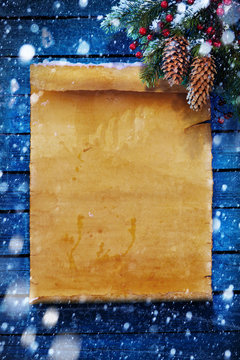 art Christmas  background, snow covered paper scroll