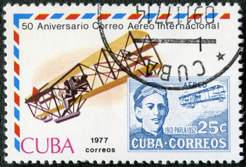 CUBA-1977: Biplane and old post stamp with Agustin Parla