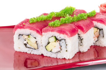 Maki Sushi - Roll made of Crab, avocado, cucumber inside. Fresh