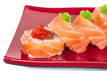 Japanese sushi traditional japanese food.Roll made of salmon, re