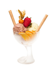 yogurt and chocolate ice cream in a bowl close up