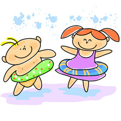 Obraz na płótnie Canvas hand-drawn cartoon kids swimming