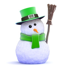 Snowman in all in green with a broom