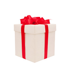 Festive gift. Beige box and red satin bow.