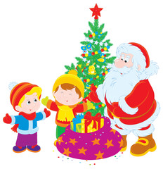 Santa Claus gives Christmas presents to children