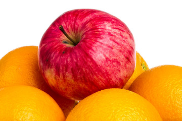 oranges and juicy apple isolated on white background