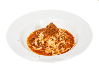 Pasta with tomato sauce basil and grated parmesan