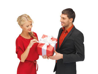 man and woman with present