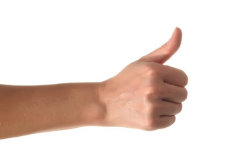 Woman hand making sign GOOD. 