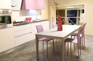 Modern kitchen in soft cream and pink