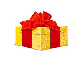 beautiful gold wedding gift box with a red bow and patterns