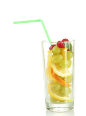transparent glass with citrus fruits, isolated on white